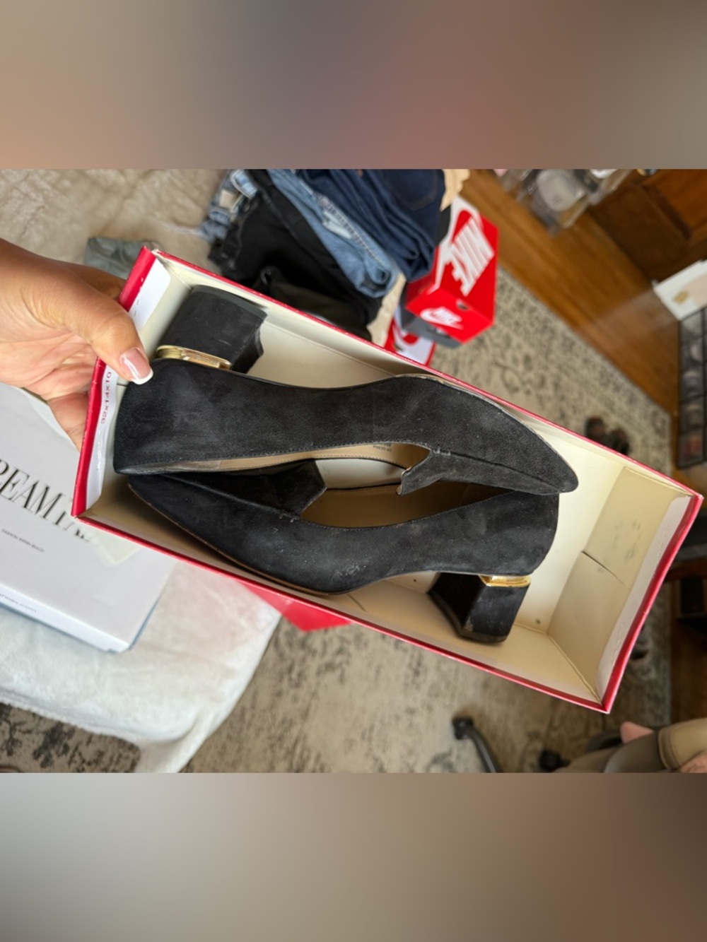 Enzo Angiolini Black Suede Block Heel Pumps with Gold Accent